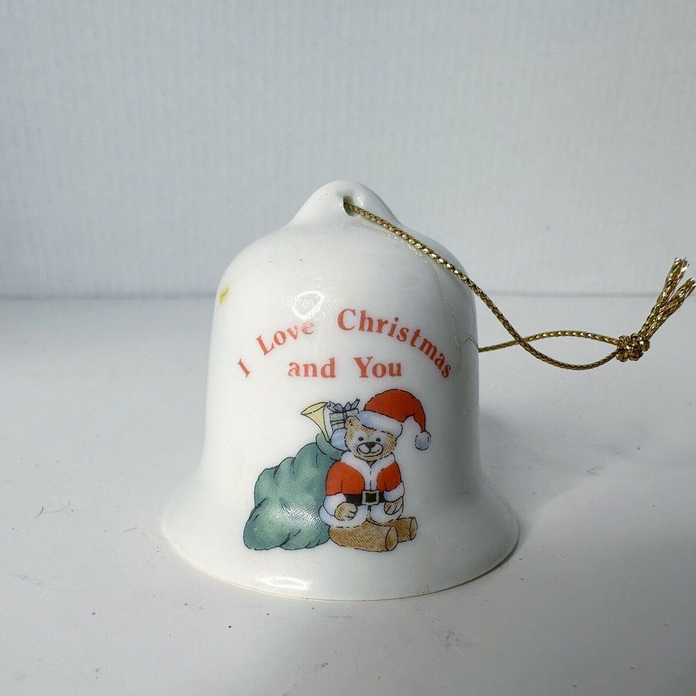Vintage Russ‎ Porcelain Christmas Bell Ornament I Love Christmas and You w/Bear